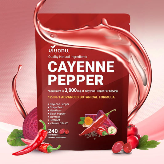 Cayenne Pepper Softgels Supplement, Supports Leg Vein, Heart and Blood Vessel Health, with Vitamin E D3+K2 and Extracts of Grape Seed, Hawthorn, Beetroot, Berberine and Others(240 Softgels/1 Bag)