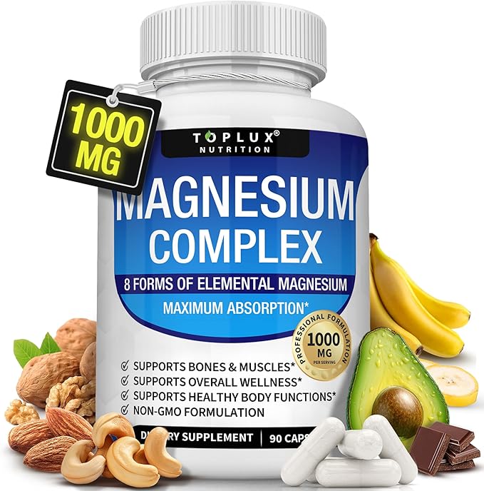 Magnesium Complex Supplement 8 Elemental 1000mg - Magnesium Glycinate, Citrate, Malate, Taurate, Chelated for Easy Absorption for Bones, Muscle, Recovery, Energy, Vegan Non-GMO 90 Capsules