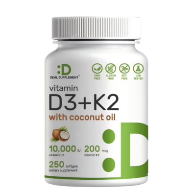 DEAL SUPPLEMENT Vitamin D3 10,000 IU + K2 MK7 200mcg Softgels, 250 Count | 2-in-1 Complex with Virgin Coconut Oil | Supports Heart, Bone, Teeth & Immune Health* | Easy to Swallow