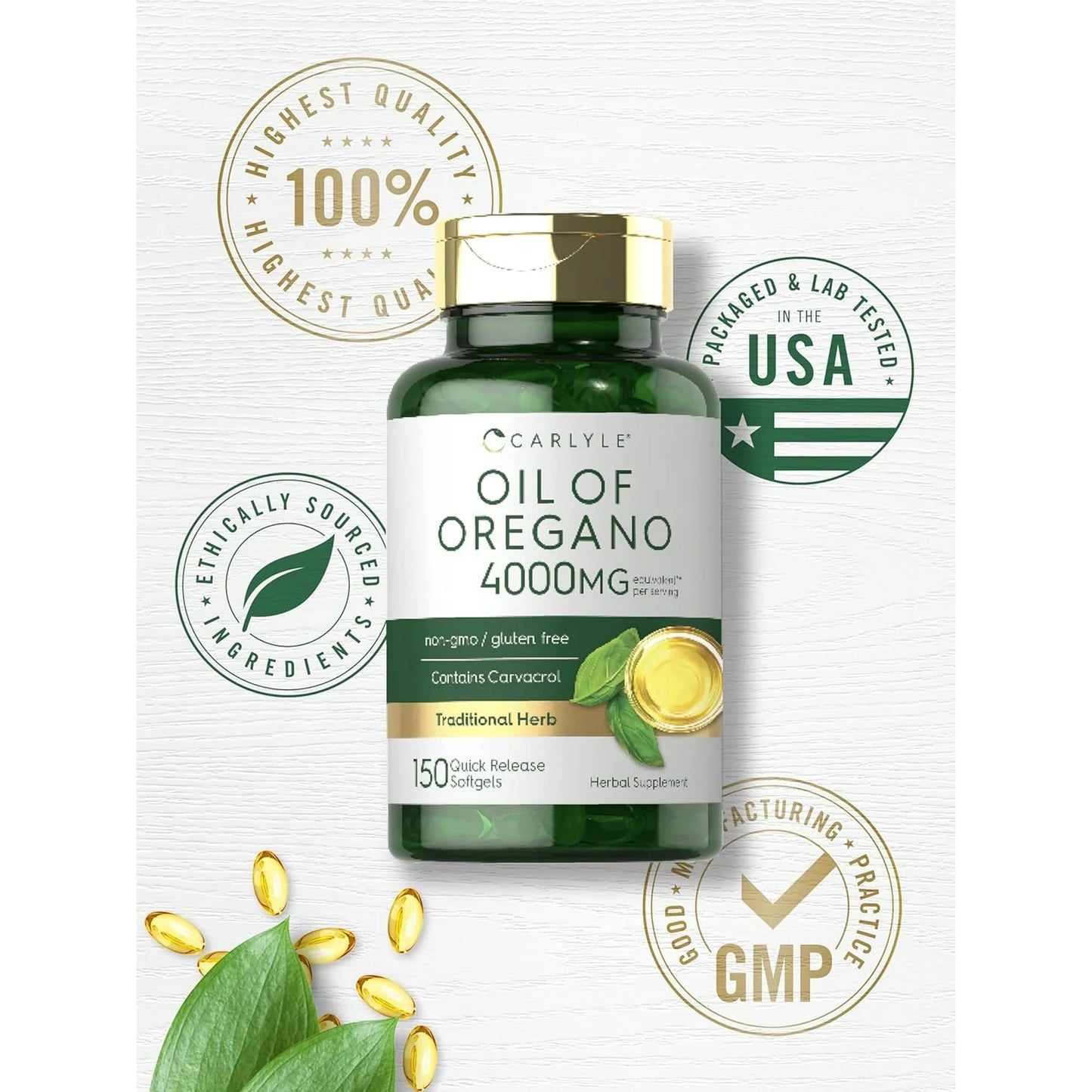Oregano Oil 4000mg Supplement | 150 Softgel Capsules | Contains Carvacrol | Non-GMO & Gluten Free Formula