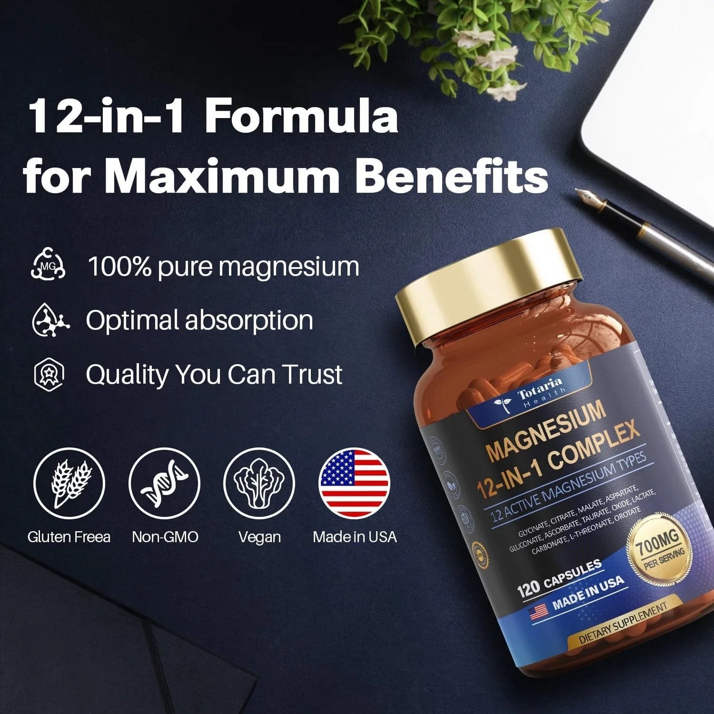 Magnesium 12 in 1 Complex 700mg - Glycinate Citrate Malate Taurate.