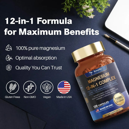 Magnesium 12 in 1 Complex 700mg - Glycinate Citrate Malate Taurate.